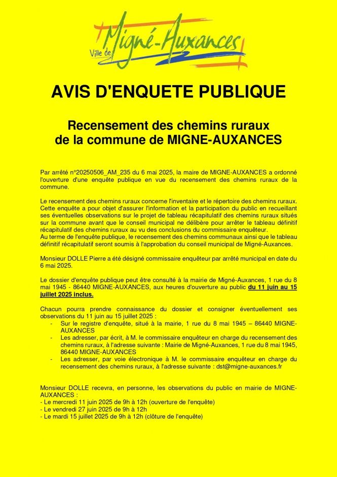 Avis Enquête Publique chemins ruraux 2025